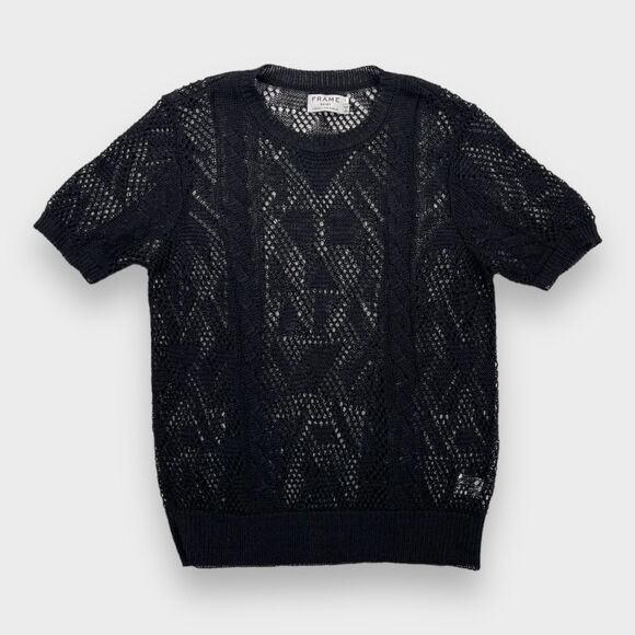 Frame Denim Tops - FRAME Denim Short Sleeve Shirt Cable knit Crochet Linen Blend Black Womens Small
